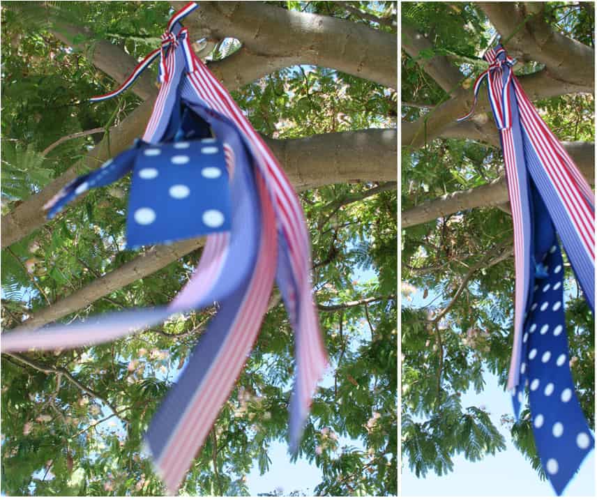 About 6 strips of red white and blue ribbon make up this decoration